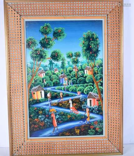 A large framed Oil on board of a Caribbean village scene sig...