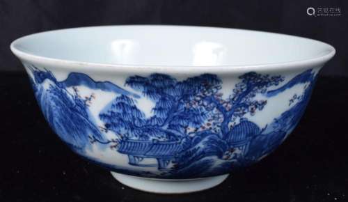 A Chinese porcelain blue and white bowl decorated with mount...