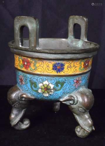 A Chinese bronze Cloisonne enamelled censer with elephant he...