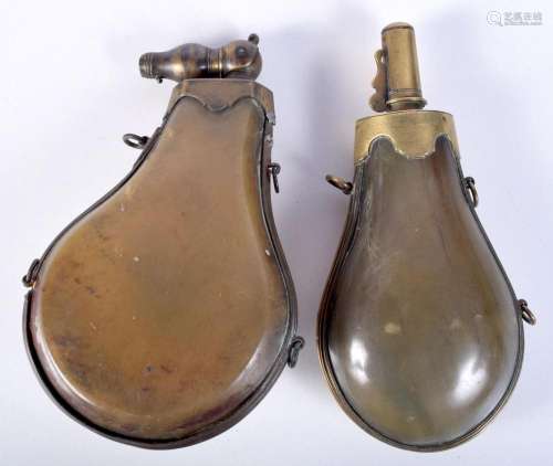A pair of 19th Century horn powder flasks with brass mounts ...