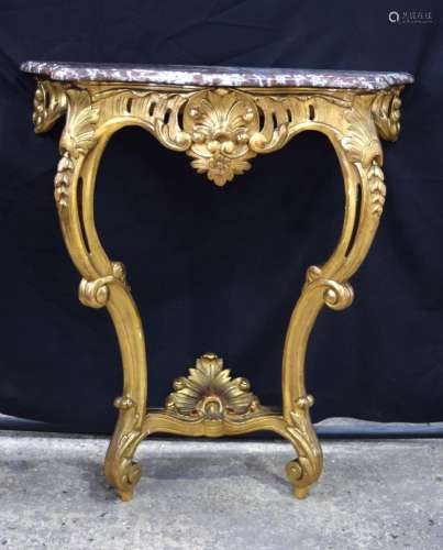 A gilt wood console table with a marble top 90 x 80 x 35 cm.