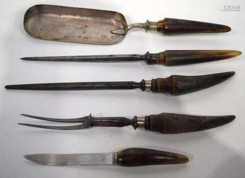 A set of silver collared Rhino handled kitchen tools 34 cm. ...