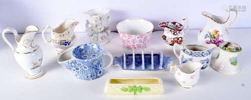 A collection of English porcelain jugs, toast rack, Old Chel...