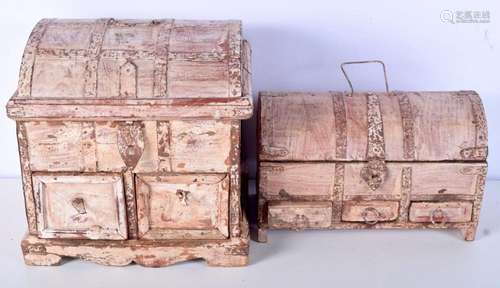 A metal banded wooden box with two drawers together with a s...