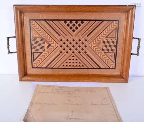 A vintage wooden inlaid tray comprised of 719 pieces of wood...