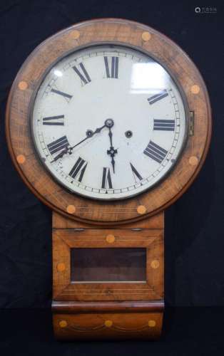 A mid-century American wooden inlaid wall clock. 70 x 42 x 9...