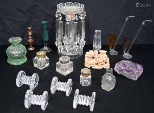 An antique glass table lustre together with inkwells, etc. (...