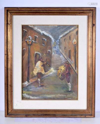 A framed oil on board by Martello of two street musicians