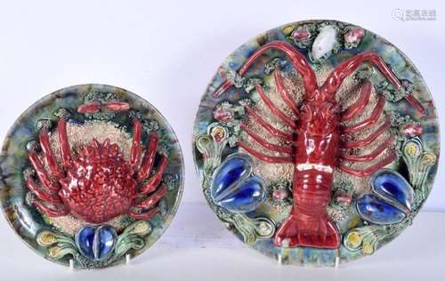 A Majolica Palissy style lobster plate together with a small...