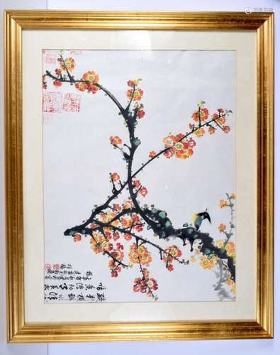 A framed Chinese watercolour of flowers blossoming