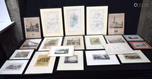 A collection of framed etchings, lithographs and antique map...