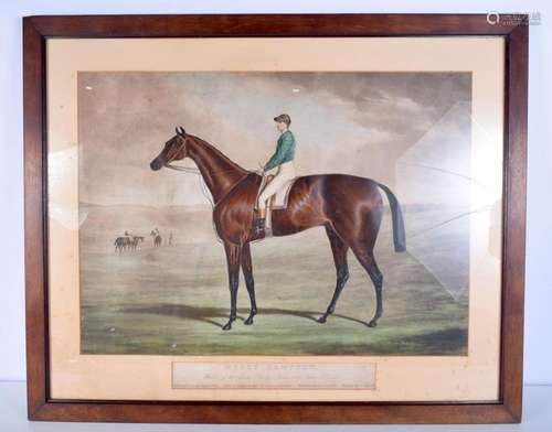 A large framed Lithographic print of Merry Hampton Derby win...