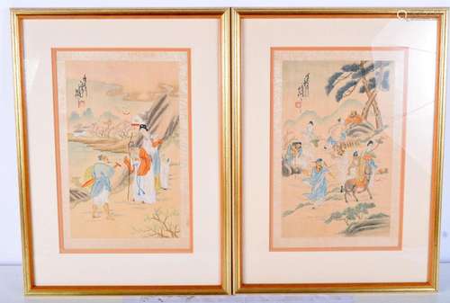 A pair of 20th century framed Watercolours on silk. 26 x 16 ...