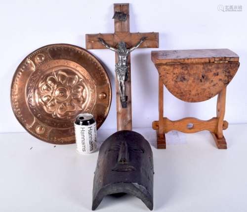 A small burr wood table together with a crucifix ,copper tra...