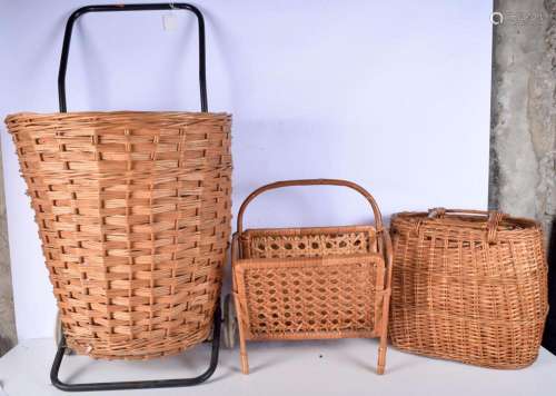 A wicker shopping trolley together with a basket and a magaz...