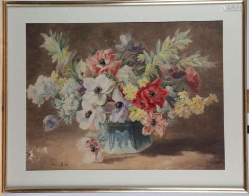 Paul BIVA (1851-1900) « Bouquet de fleurs »  Aquarelle, sign...