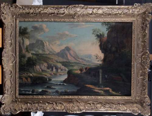 ÉCOLE ITALIENNE, vers 1700,  Paysage de montagne animé avec ...