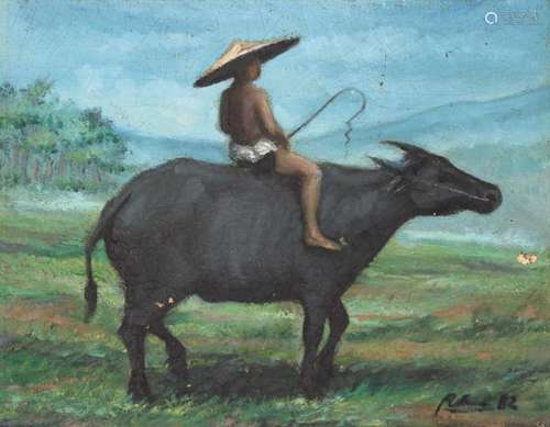 Indonesian School, Boy on Water Buffalo. Signed