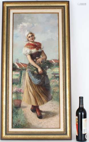 19th C. European Painting of Woman w/ Flowers