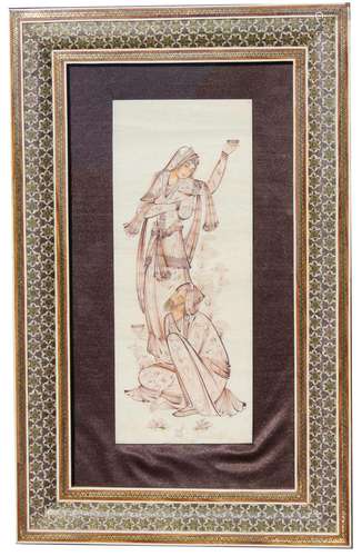 Framed Mughal Painting of Man and Woman