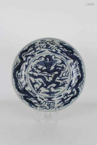 Chinese Blue and White Dragon Dish, Wangli Mark