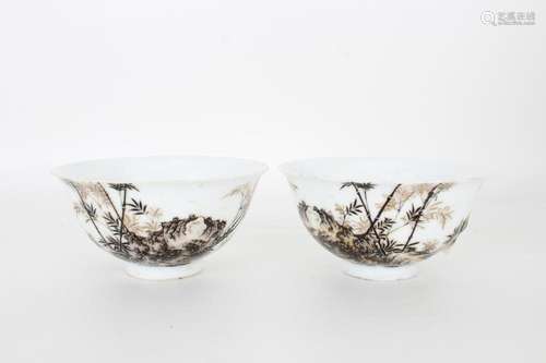 Pair, Chinese Grisaille Bowls, Yongzheng Mark