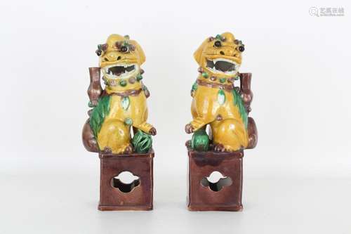 Pair of Antique Chinese Polychrome Foo Dogs