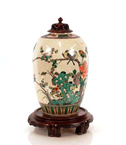 An Oriental crackle glazed baluster vase,decorated birds and...