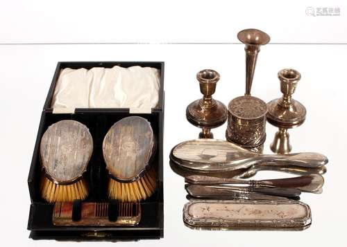 A cased pair of silver backed hair brushes;various other sil...