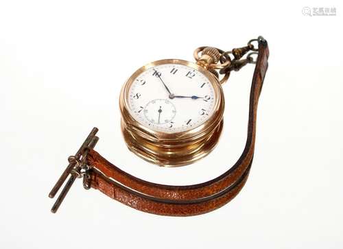 A gold plated pocket watch,with white enamel dial and second...