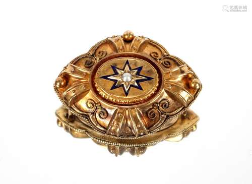 A Victorian yellow metal memorial brooch,decorated central s...