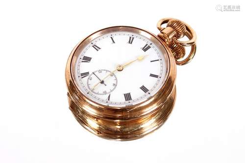 A gold plated Dennison pocket watch,with enamel dial and sec...