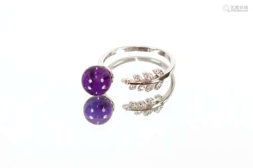 A925 leaf shaped ring,set with purple stone