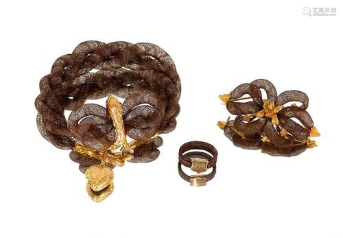 A woven hair and yellow metal mounted bracelet,brooch and ri...