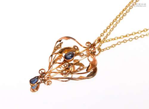 A gold sapphire and pearl set pendant,hung to a fine link ch...