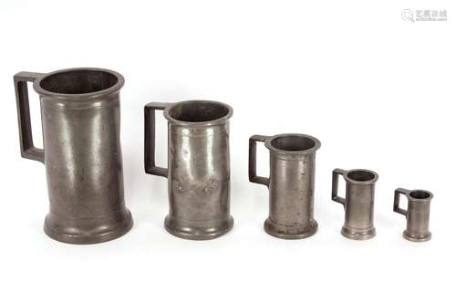 A set of five antique pewter measures,of cylindrical form