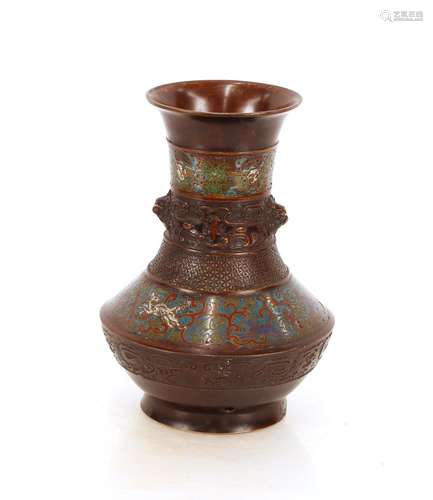 A Chinese bronze and cloisonne vase, with raised decoration,...