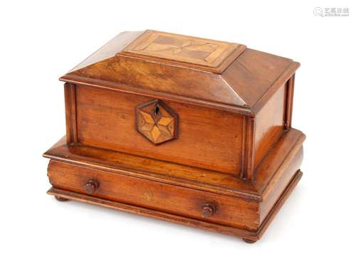 A 19th Century mahogany and inlaid sewing box,of sarcophagus...