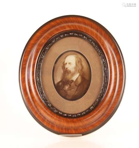 Two oval portrait prints, of Longfellow and Tennyson in waln...