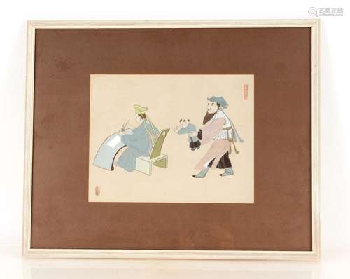 A pair of Japanese prints,depicting figures in interior cour...