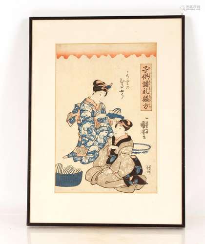 A Japanese wood block print,depicting ladies in an interior,...