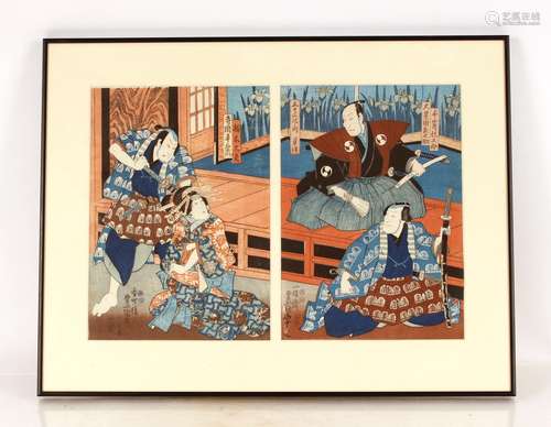 A Japanese wood block Diptych,after Kunisada, each panel 35....