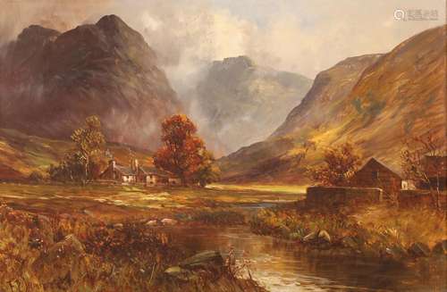 F Jamieson,highland scene of mist shrouded mountain and cott...