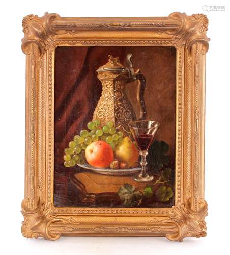 M Kleist,still life study with a flagon, wine and fruit on a...