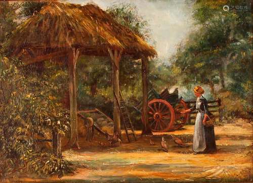 English school 1887,farmyard scene with a woman feeding chic...