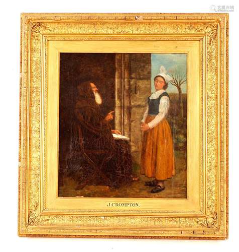 J. Crompton,19th Century oil on canvas of a monk instructing...