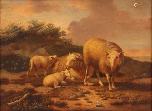 E Geraldts, a 19th Century study of ewes and lambs in landsc...