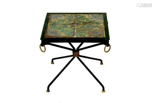 A wrought iron low occasionaltable,inset with four antique e...