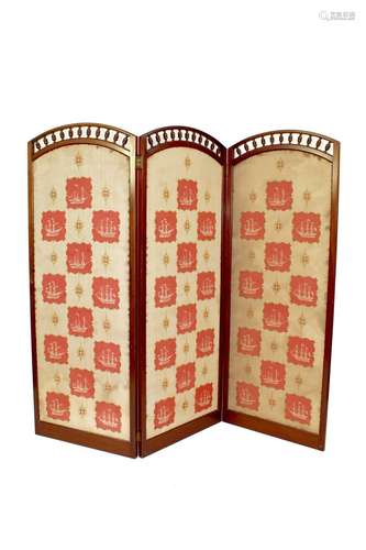 An Arts & Crafts mahogany three fold screen,upholstered ...