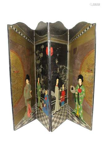 An Oriental four fold draught screen,decorated figures and i...